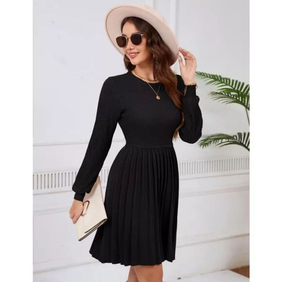 Sweater Dress Long Sleeve with Lapel Collar Pleated Midi Dress Size XL - Picture 4 of 5